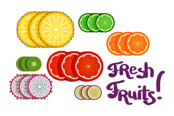 A set of bright and juicy slices of tropical fruits in a flat style. Vector pineapple, kiwi, passion fruit, Pitahaya, orange, lime and grapefruit. Vegetarian and vegan food.