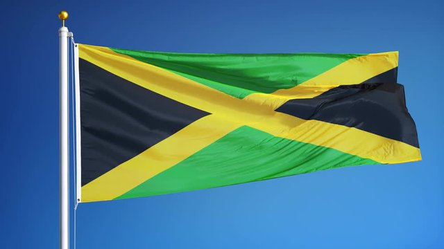 Jamaica flag waving in slow motion against clean blue sky, seamlessly looped, close up, isolated on alpha channel with black and white luminance matte, perfect for film, news, digital composition