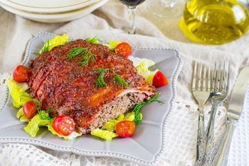 Beef meatloaf with bacon and mustard crust