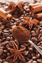Grounded coffee in silver spoon with cinnamon and star anise