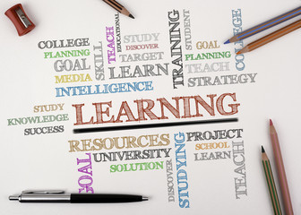LEARNING word cloud, education concept on drawing sheets