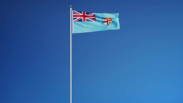 Fiji flag waving in slow motion against clean blue sky, seamlessly looped, long shot, isolated on alpha channel with black and white luminance matte, perfect for film, news, digital composition