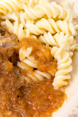 Goulash with beef meat served with macaroni