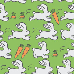 Seamless Vector Pattern with Rabbits  and Carots on a Green Background