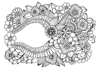 Naklejka premium Frame with flowers and leaves adult coloring page 