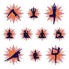 Yoga silhouettes set with stylized floral background