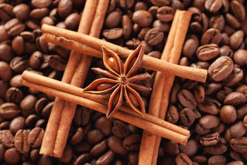 Cinnamon sticks with star anise above coffee beans