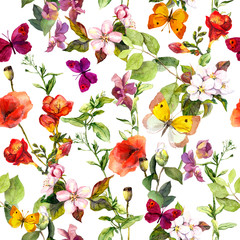 Fototapety  Meadow flowers and butterflies repeating pattern. Watercolor