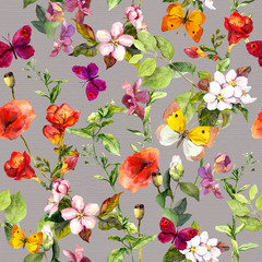 Meadow flowers and butterflies repeating pattern. Watercolor