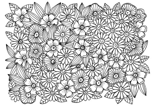 Magical adult coloring page with flowers and leaves