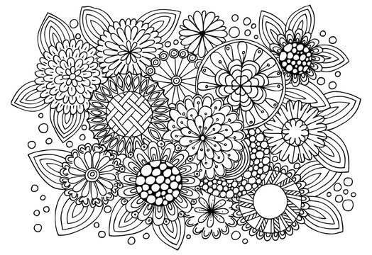 Coloring page with abstract flowers and leaves