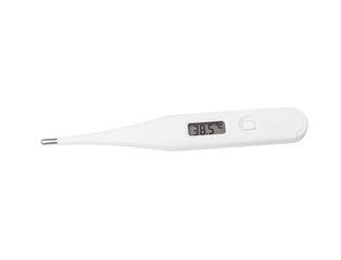 Electronic thermometer shows the temperature of 38.5 degrees isolated on white background