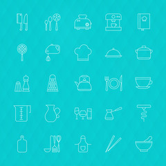 Kitchenware and Cooking Tools Line Icons Set over Polygonal Back