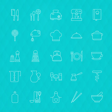 Kitchenware and Cooking Tools Line Icons Set over Polygonal Back