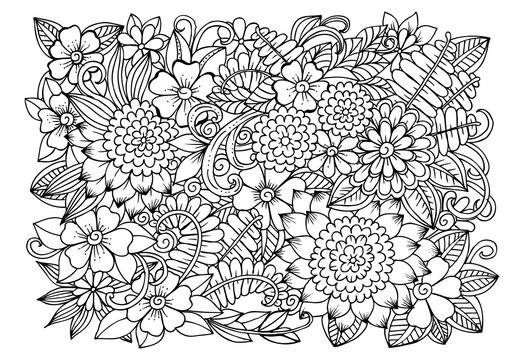 Contrasted adult coloring page with flowers and leaves
