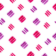Watercolor geometric seamless pattern with squares and lines. Vector repeating background in red and purple. 