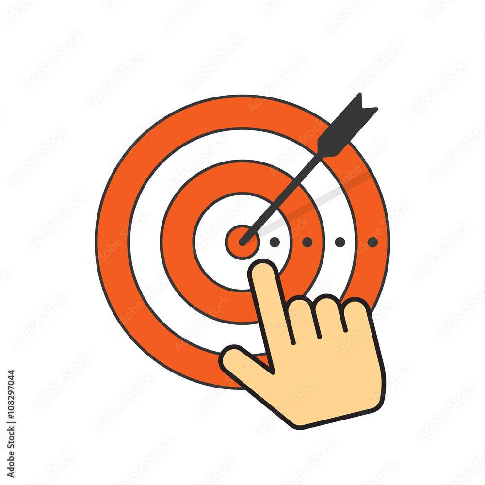 Poster abstract target icon with arrow in center of aim, hand with pointer finger, vector illustration desi