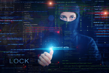 hacker at work with graphic user interface around