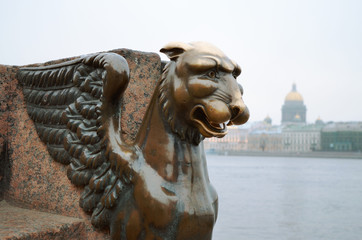Fototapeta na wymiar Griffins on the University embankment in St. Petersburg