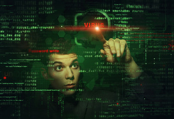 hacker at work with graphic user interface around