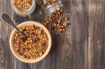 Homemade granola, muesli with nuts and dried cranberries