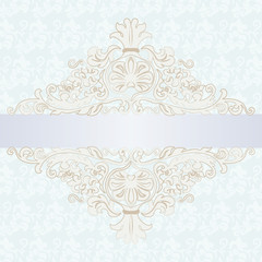 Classic rococo ornament design card for weddings, ceremonies, invitations or birthday parties. Golden engraving frame border. Antique style acanthus decor. Blue background. Vector