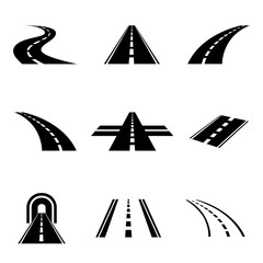 Vector black car road icons set. Highway symbols. Road signs