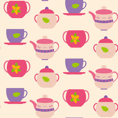 Seamless pattern cups and teapot