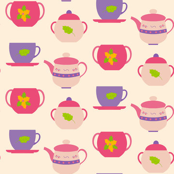 Seamless pattern cups and teapot