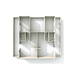 3d interior rendering of roofless paper model apartment
