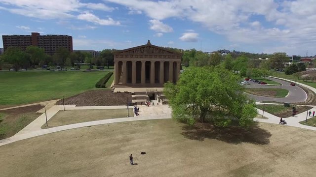 Aerial view of the Parthenon in Nashville Tennessee on a windy day
