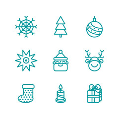 Fototapeta na wymiar Set of christmas and new year line icons. Santa, snowflake, deer, candle, christmas tree, star, ball, gift box, christmas stocking. One color illustrations isolated on white.