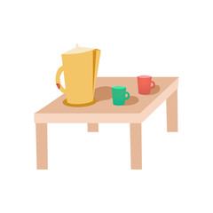 Table with kettle and cups of tea or coffee. Colorful illustration in flat design on white background.