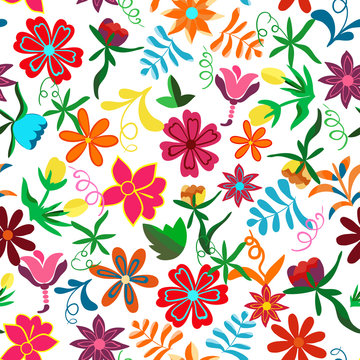 Seamless floral background.Colorful flowers and leafs on white background. Traditional Mexican pattern. Vector illustration.
