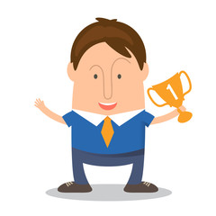 Funny man businessman in cartoon style win with a cup victory. V