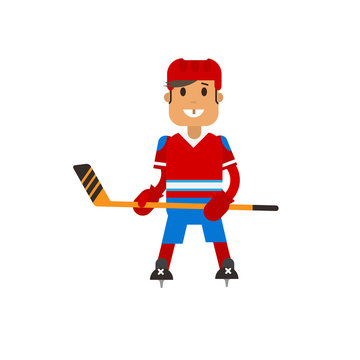 Vector illustration of hockey player standung with a hockey stick in his hands in uniform. Flat design winter sport.