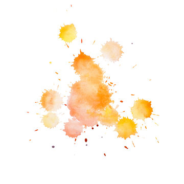 Watercolor Yellow Paint Splashing Drop, Aquarelle Round Drip On White Paper