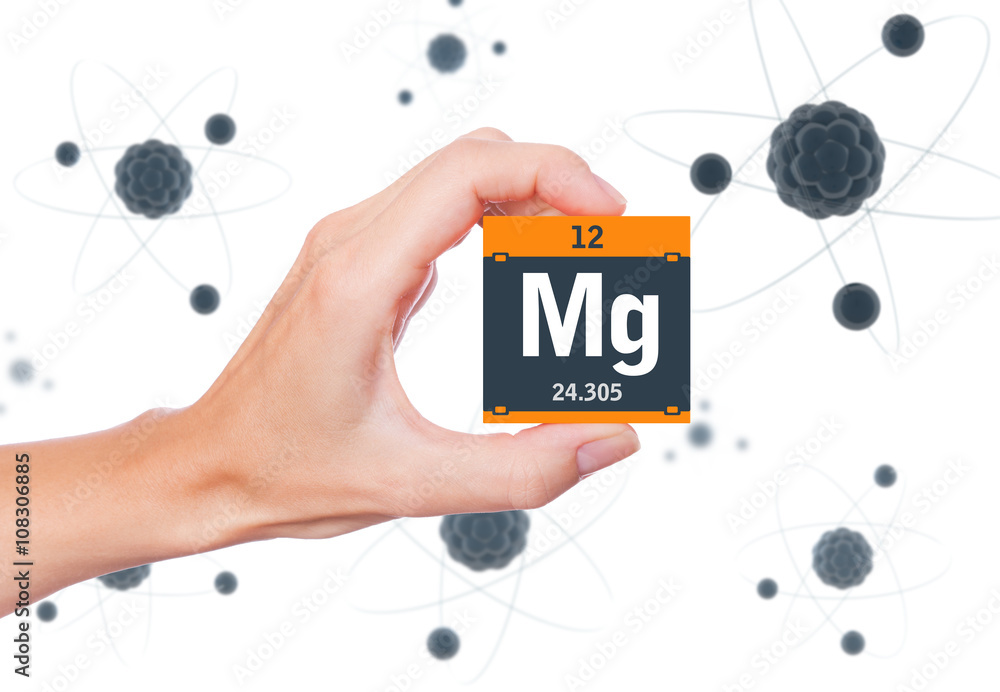 Poster magnesium element symbol handheld and atoms floating in background