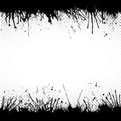Grunge background with black paint splashes borders and space for text. Vector illustration.