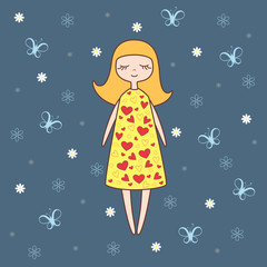 Vector illustration of  nice doll on background with butterflies and flowers