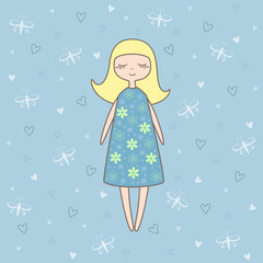 Fototapeta na wymiar Vector illustration of nice doll on blue background with butterflies and hearts