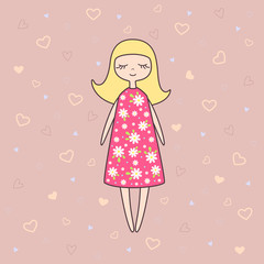 Vector illustration of  nice doll on pink background with hearts