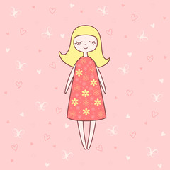 Vector illustration of  nice doll on red background with butterflies and hearts