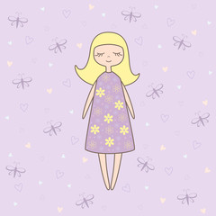 Fototapeta na wymiar Vector illustration of nice doll on violet background with butterflies and hearts