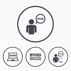 BYOD signs. Human with notebook and smartphone.