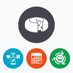 Cheese wheel sign icon. Sliced cheese.