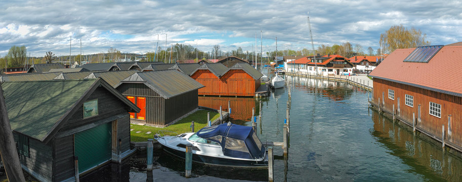 Yachts moored in harbour panorama.Panoramic view of the Yacht Docks by Lake Starnberg near Munich, Bavaria, Germany