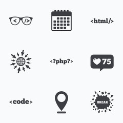 Programmer coder glasses. HTML markup language.