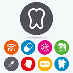 Tooth enamel icons. Medical syringe and pill.