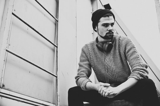 Hipster man portrait in black and white
